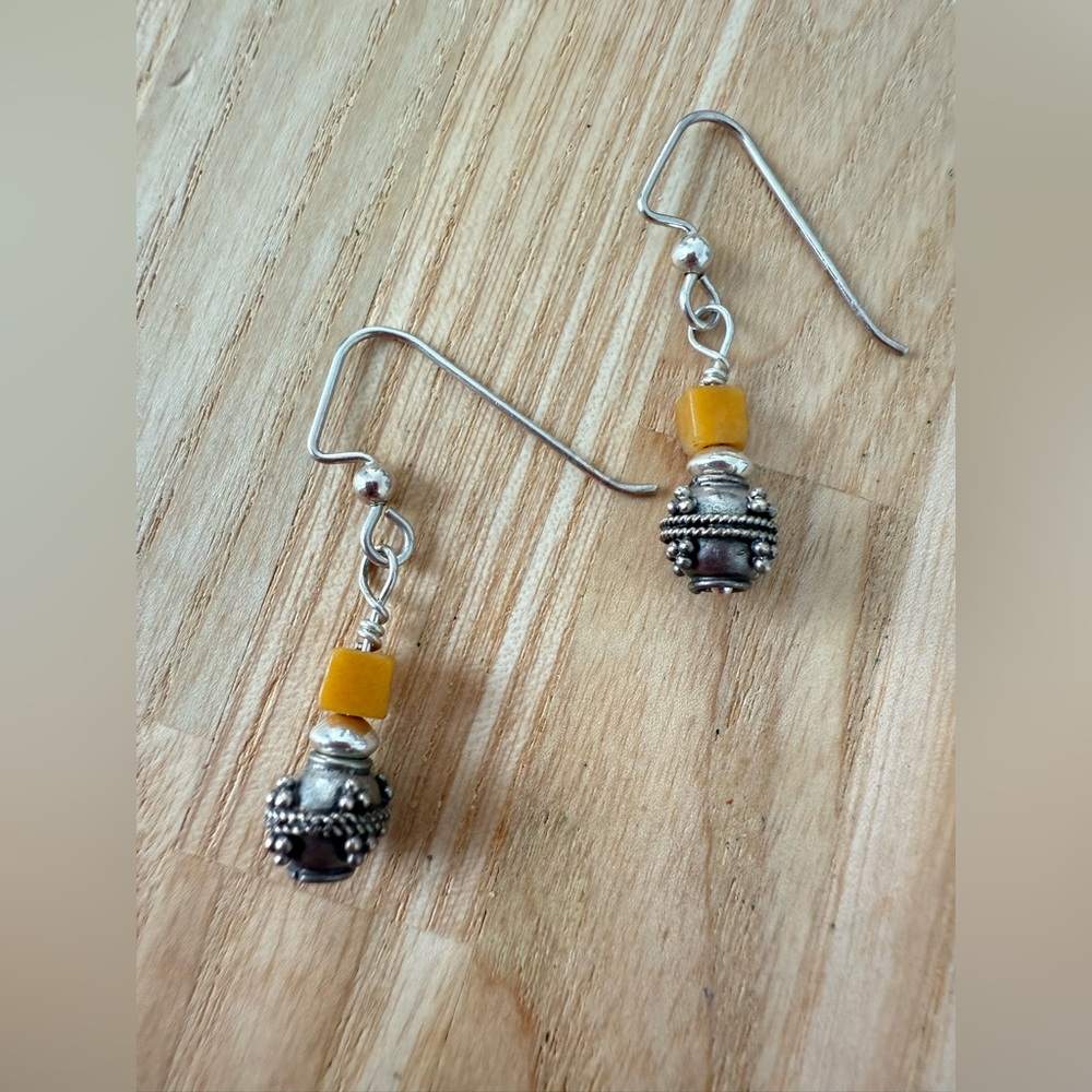 vintage style silver and mustard yellow stone dangle earrings on hooks